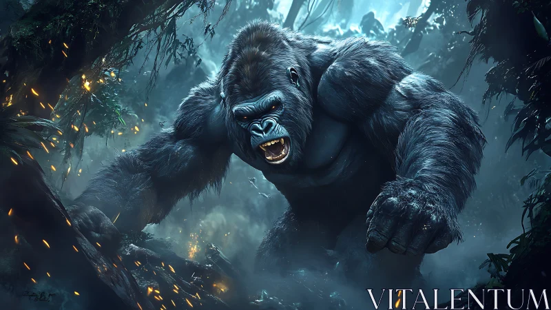 Cinematic digital gorilla charge in mist-laden jungle frame.