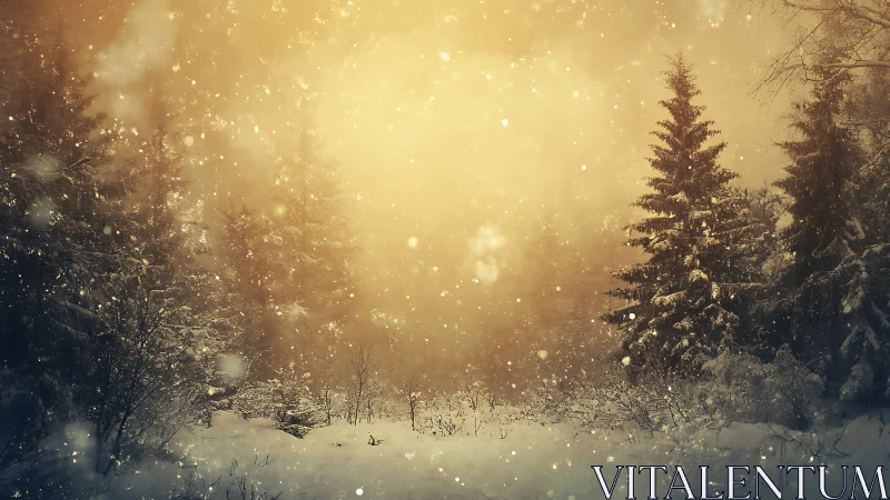 Backlit winter forest scene with dense atmospheric snowfall