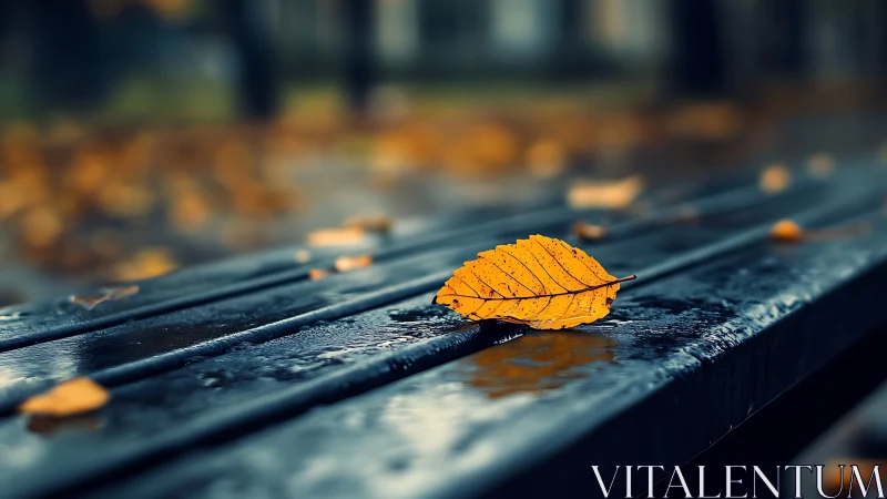 Single yellow leaf rests on wet bench in soft autumn rain