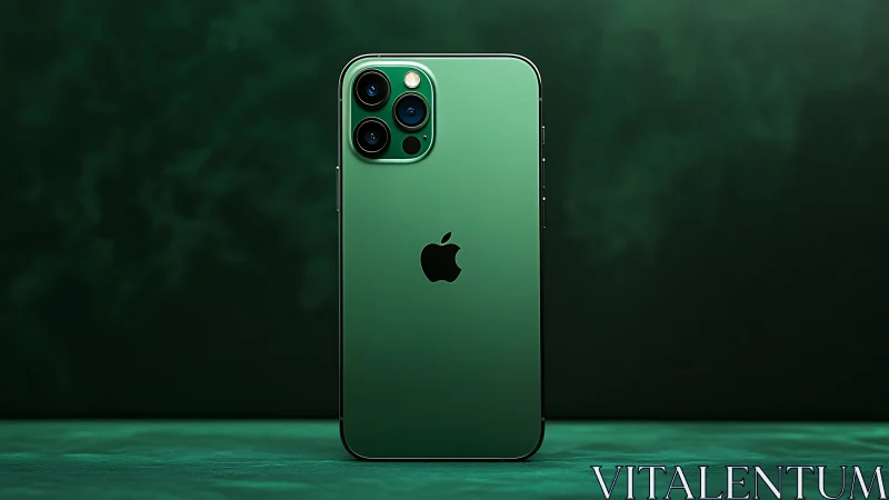 iPhone Pro Max smartphone rendered in gradient forest green aesthetic with quad-camera array