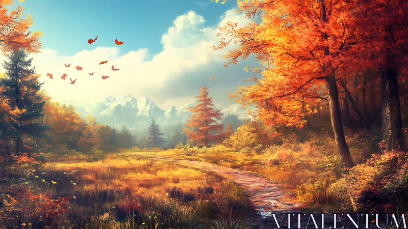 Golden autumn trail winds toward distant snowcapped peaks