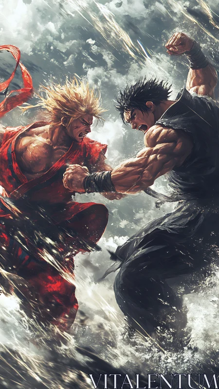 Turbulent aerial clash of dueling martial combatants in storm.