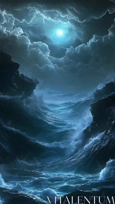 Luminous storm ocean under spiral moonlit vortex sky.