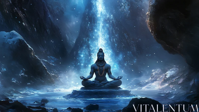 Meditating deity in luminous icy cavern haloed by starlight.