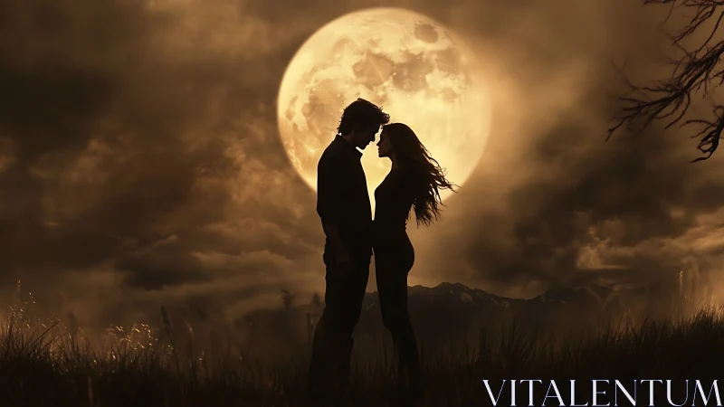 Silhouetted couple beneath oversized moon in nighttime landscape.