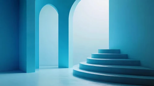 Minimalist Architecture with Spiral Staircase in Blue Tones.