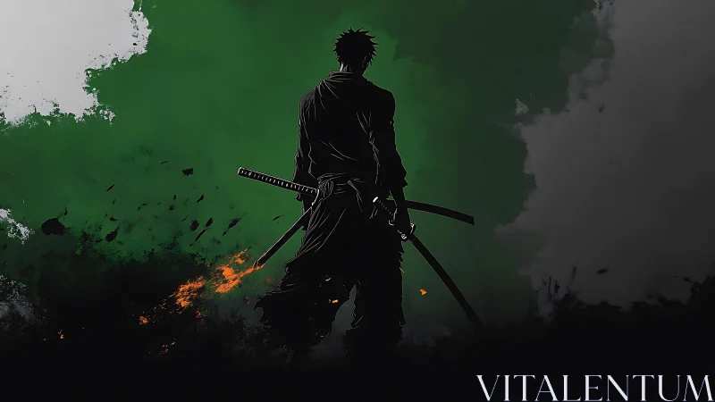 Silhouetted swordsman stands before green and smoky backdrop
