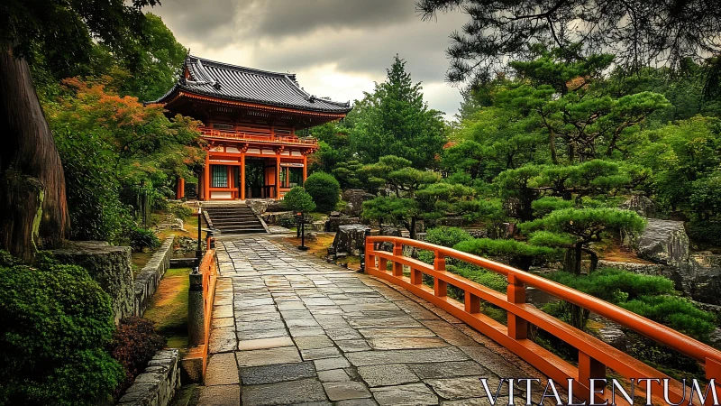 Japanese temple gate and vivid red bridge in tranquil garden.