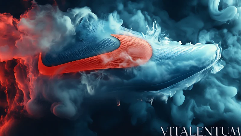 Dynamic blue sneaker drifting through bold swirling smoke.