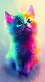 Rainbow Kitten with Luminous Eyes Against Pastel Gradient.
