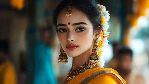 Sunlit gaze of a jasmine-crowned woman in golden silk.