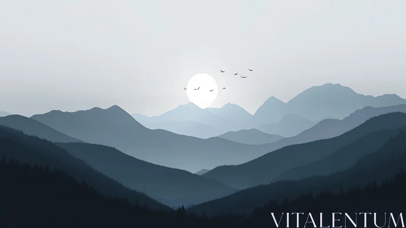 Minimalist mountain ridges under soft rising sun glow.