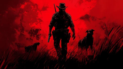 Silhouetted armed figure and dogs stand against red backdrop