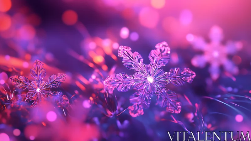 Iridescent crystal snowflakes glow in neon winter light.