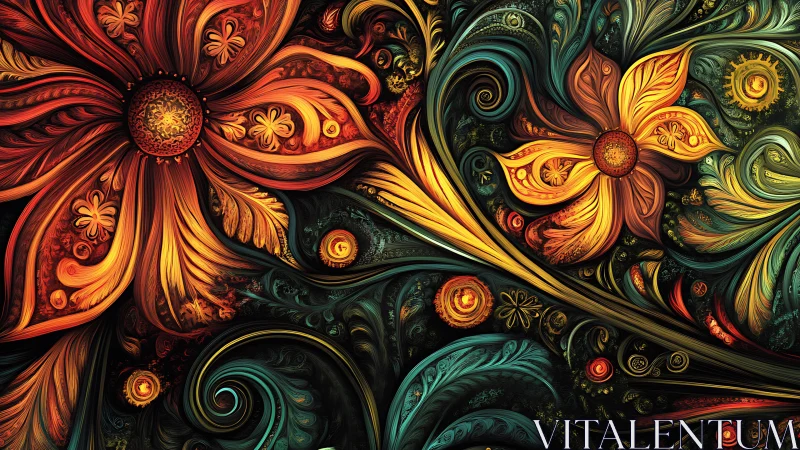 Fiery fractal blossoms swirling through luminous midnight garden.