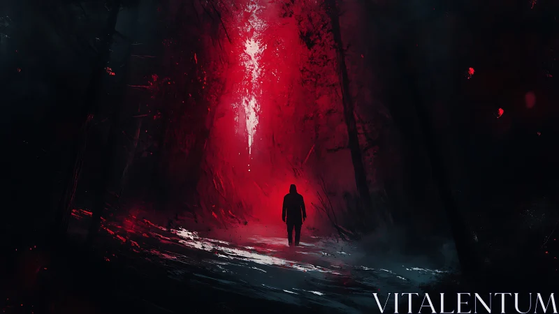 Solitary hooded figure in red illuminated nocturnal forest