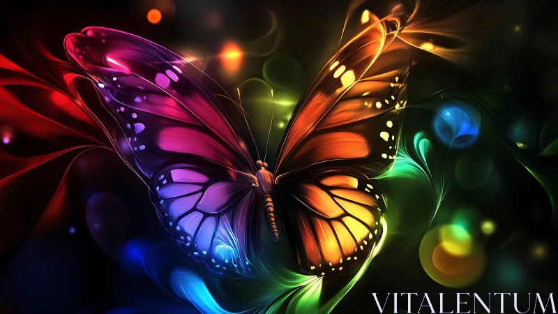 Radiant rainbow butterfly drifting through glowing night.