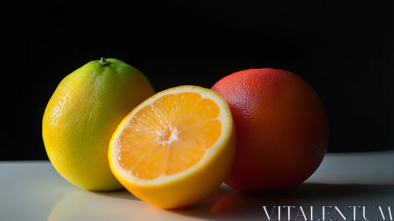 Citrus still life with orange wedge on reflective surface.