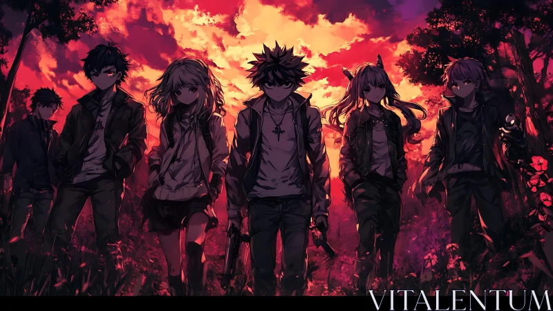 Crimson dusk misfit squad marching through burning skyfield.