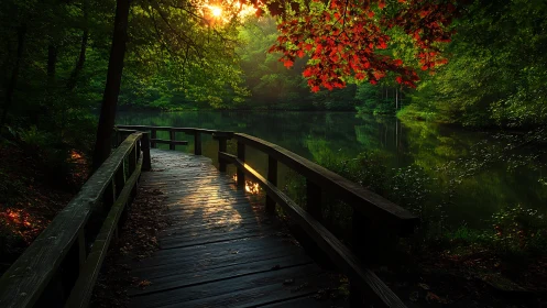 Forest boardwalk curves toward a tranquil lake at sunset.