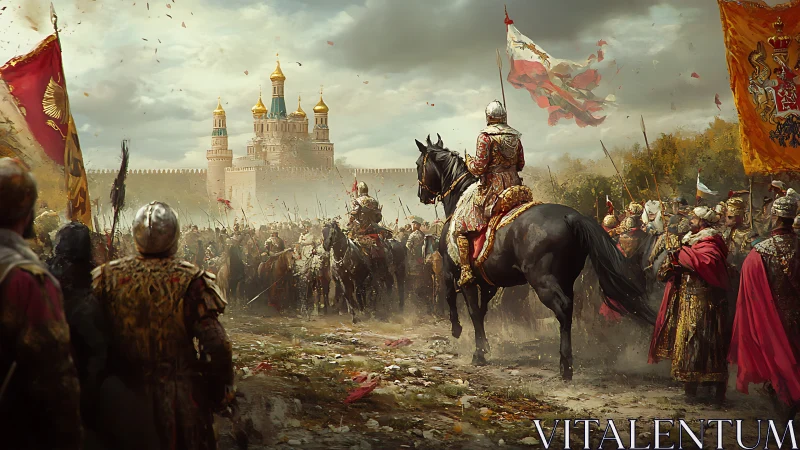 Stormbound knights encircle a golden-spired citadel at dusk.