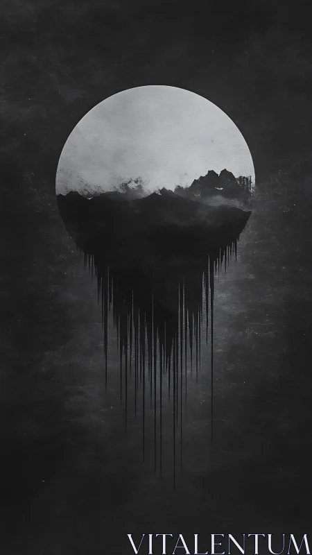 Monochrome floating mountains within dripping lunar disc.