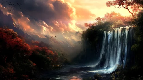 Digital painting of luminous waterfall in autumnal canyonscape.