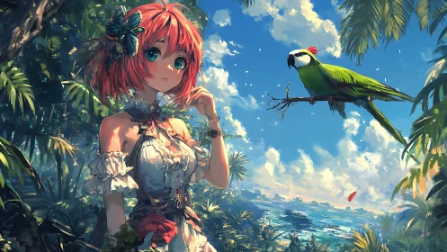 Anime girl and parrot in luminous tropical coastal jungle scene