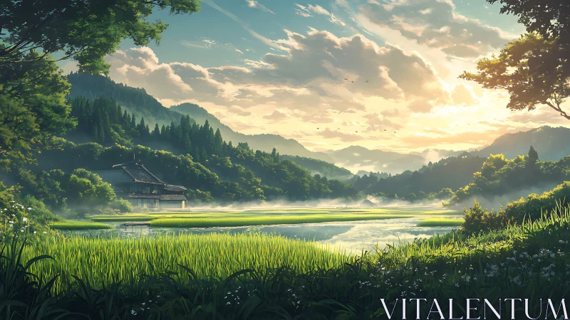 Mist-kissed rice fields glowing under a tender sunrise.