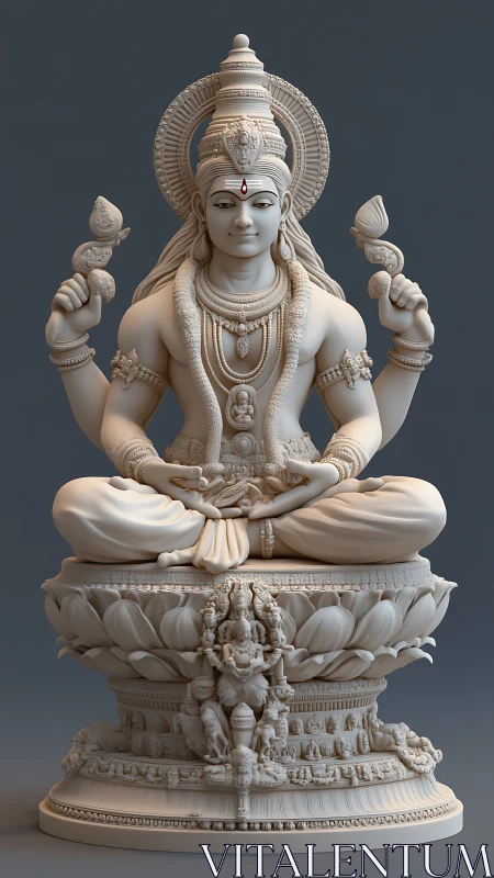 Intricately carved 3D deity sculpture seated on ornate lotus pedestal
