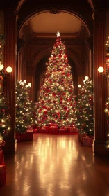 Grand Christmas tree glows in an opulent hallway setting.