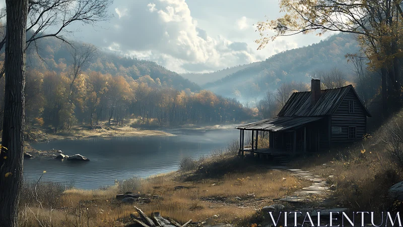 Cabin dreams linger beside a misty autumn mountain lake.