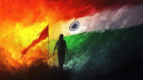 Bold silhouette walking through vibrant Indian flag colors.
