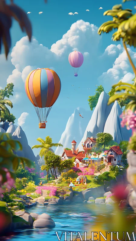 Colorful hot air balloons drift above idyllic riverside village