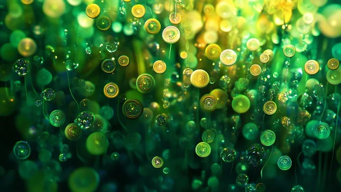 Bioluminescent spiral orbs rendered as dense macro bokeh field