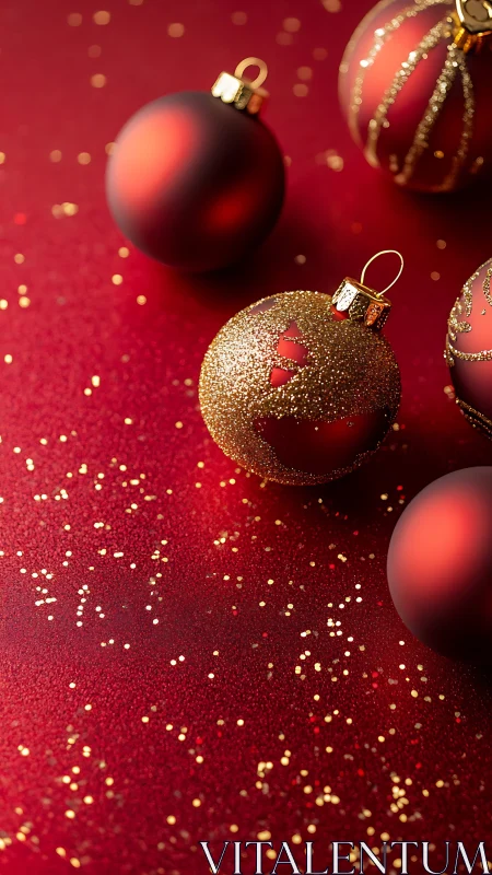 Red Christmas baubles rest on glittering festive backdrop