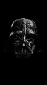 Damaged black sci‑fi helmet isolated on dark background.