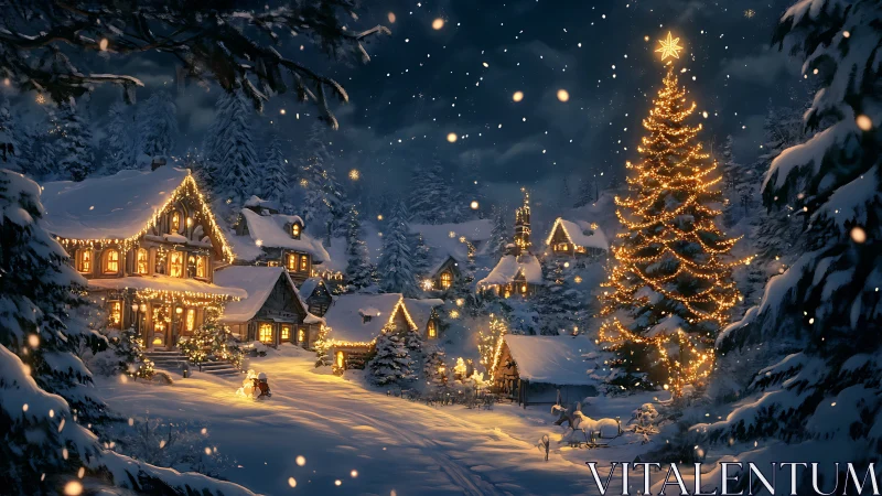 Snowy village street glows under towering Christmas tree