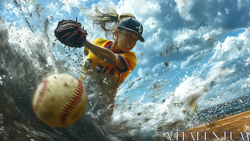 Fierce softball catcher lunges through flying dirt and thunderclouds.