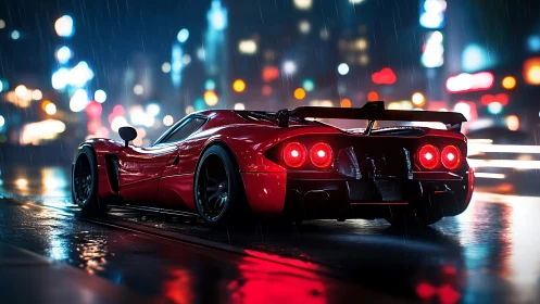 Red supercar on wet neon city street at night in rain.