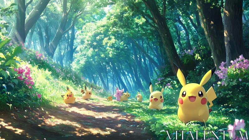 Joyful Pikachu friends wander a sunlit forest path together