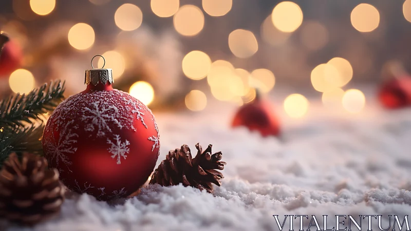 Macro red bauble in snow with bokeh festive lights behind
