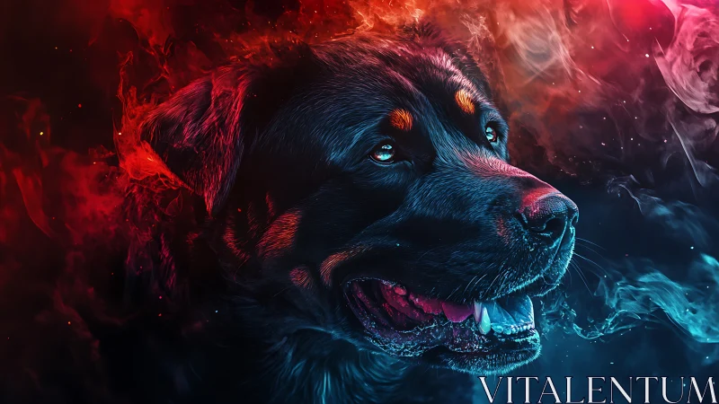Bi-chromatic neon portrait of a dog in dynamic smoke lighting