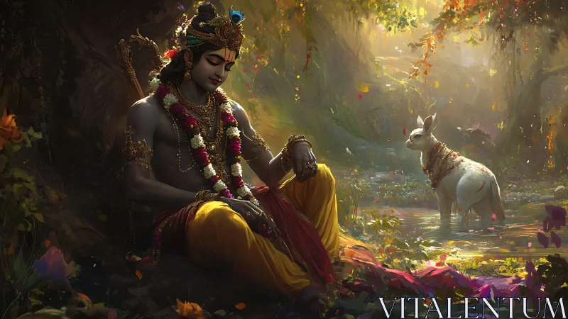 Divine flute player resting beside sacred calf in forest.