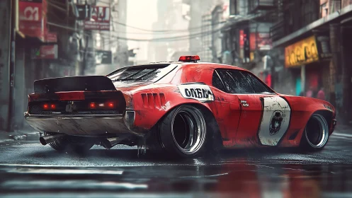Rusty red street racer car in wet futuristic cityscape.