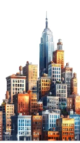Digital painting of stacked midrise city blocks with spire tower.