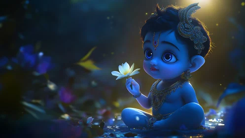 Divine blue infant krishna rendered in nocturnal lotus glow.