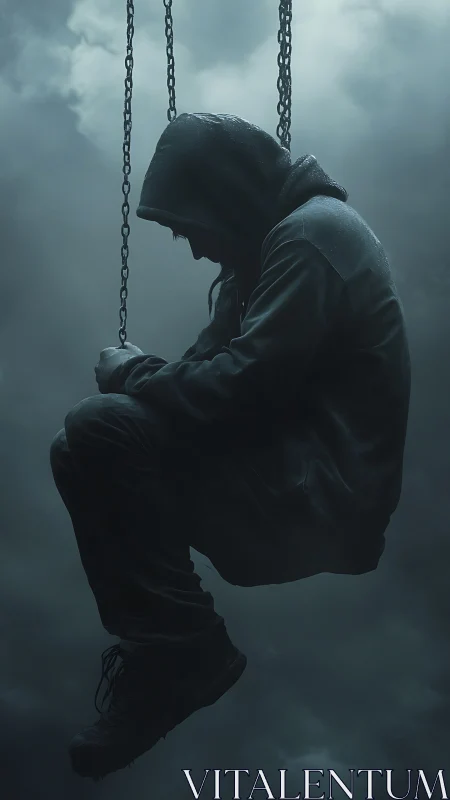 Quiet hooded figure sits alone on a swing in heavy mist