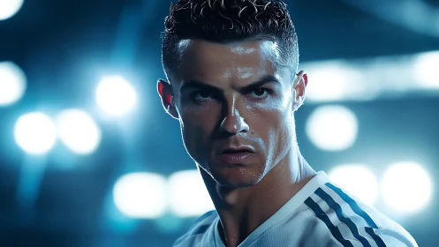 Stadium warrior locked in steel gaze beneath electric lights.