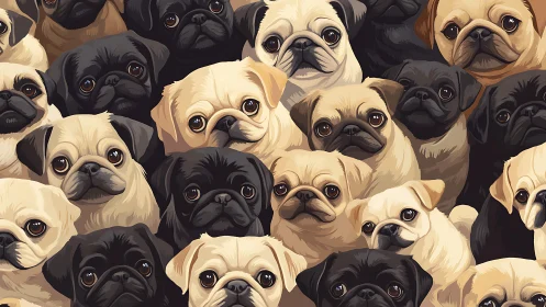 Cartoon pattern filled with black and fawn pug faces.